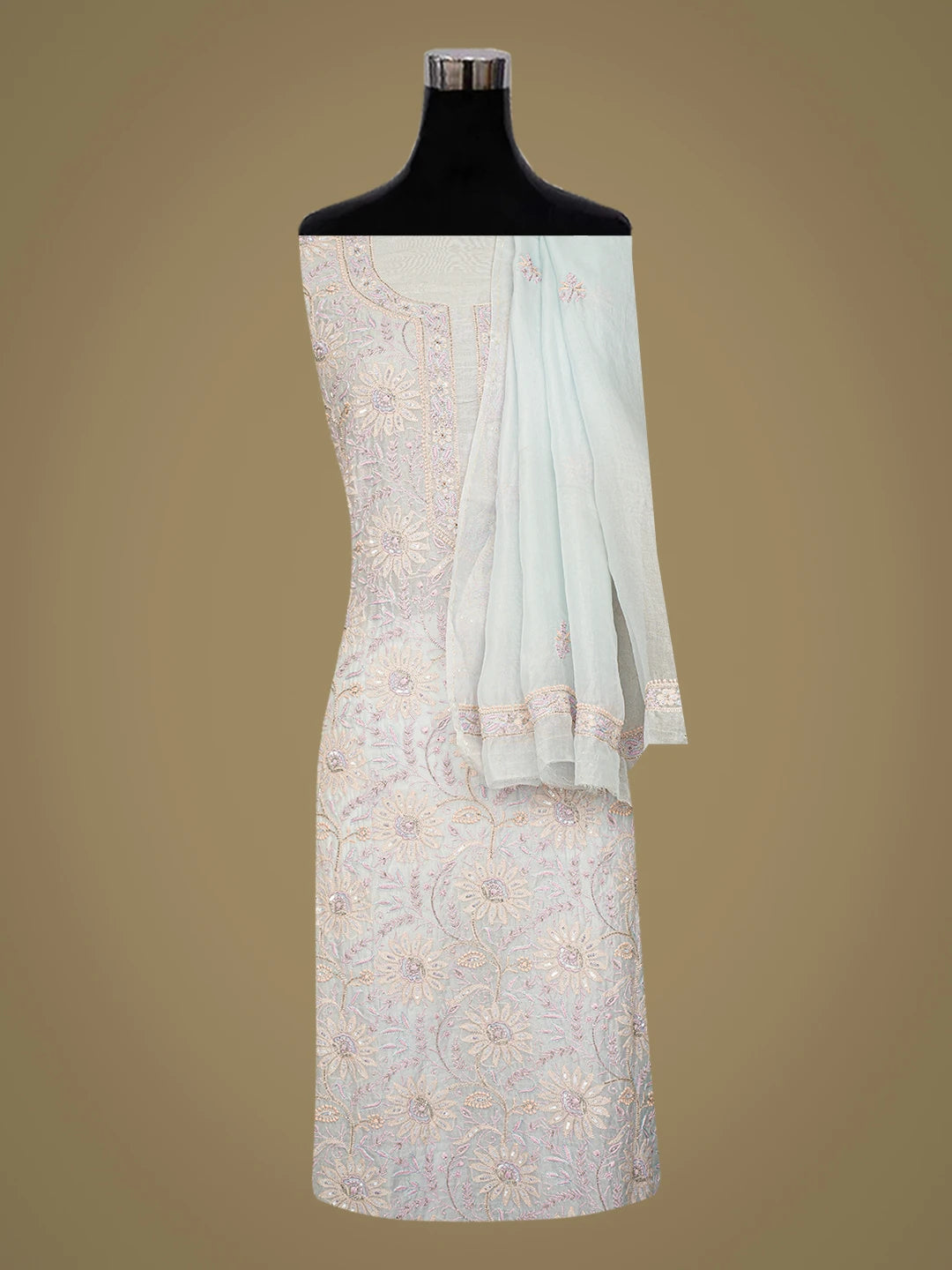 Ada Hand Embroidered Blue Organza Lucknowi Chikankari Unstitched Kurta Dupatta Set With Cutdana Work 01A719975