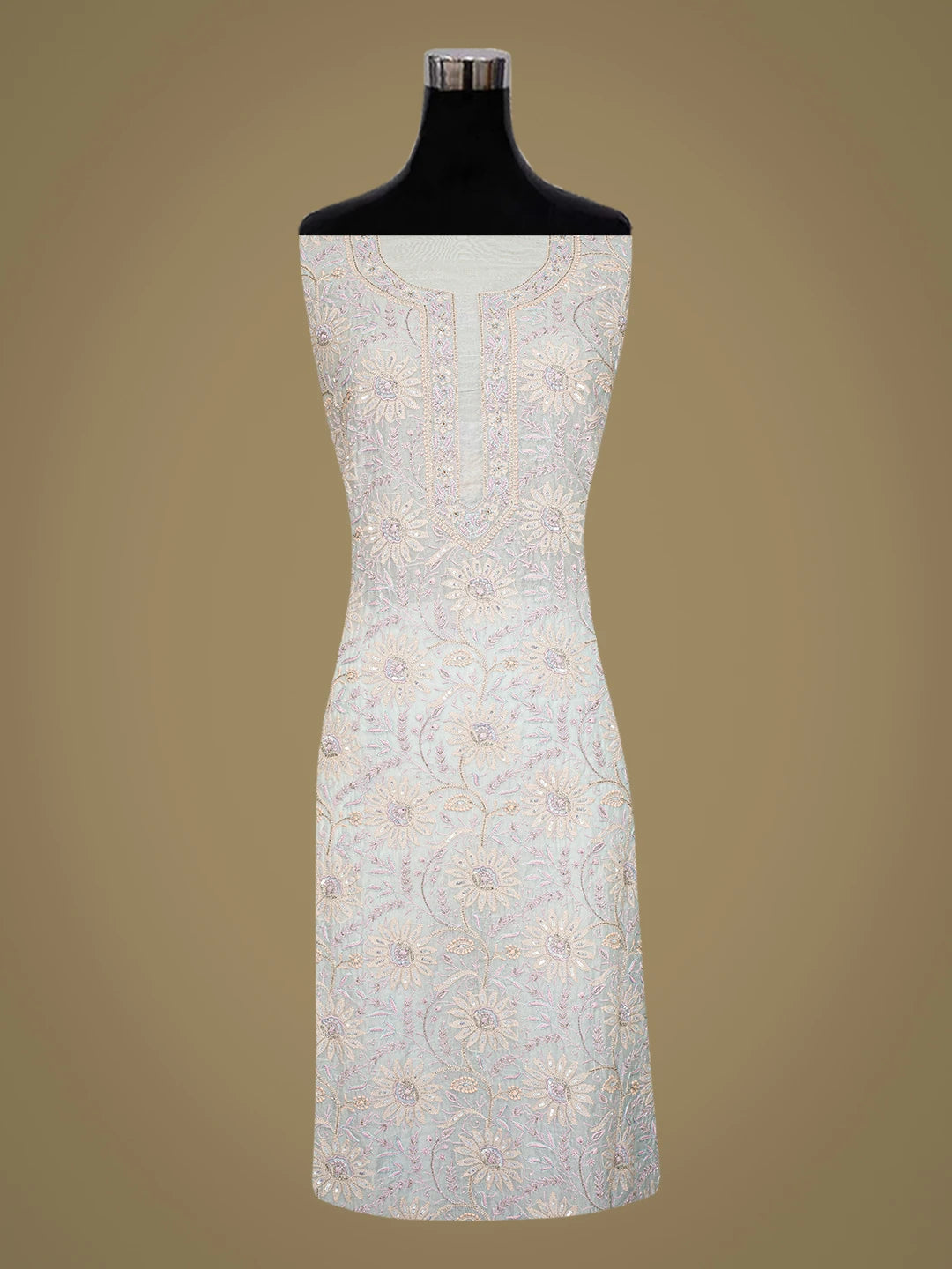 Ada Hand Embroidered Blue Organza Lucknowi Chikankari Unstitched Kurta Dupatta Set With Cutdana Work 01A719975