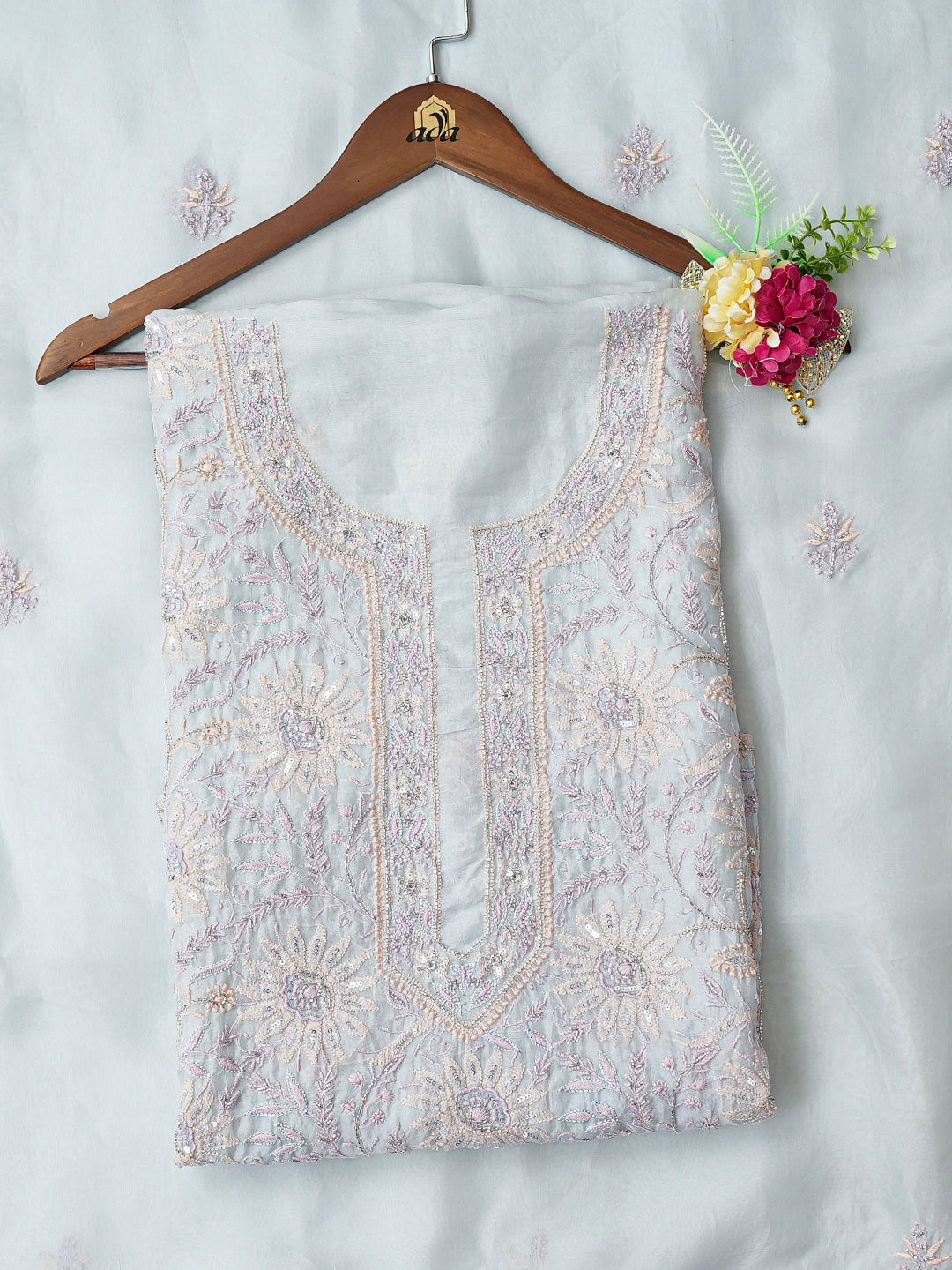 Ada Hand Embroidered Blue Organza Lucknowi Chikankari Unstitched Kurta Dupatta Set With Cutdana Work 01A719975