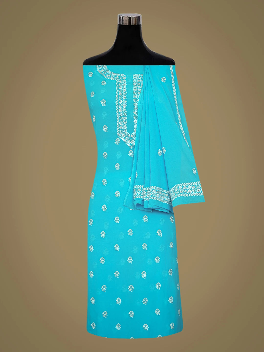Ada Hand Embroidered Capri Blue Pure Georgette Lucknowi Chikankari Unstitched Kurta Dupatta Set 01A152488