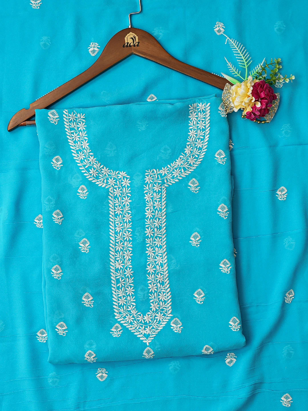 Ada Hand Embroidered Capri Blue Pure Georgette Lucknowi Chikankari Unstitched Kurta Dupatta Set 01A152488
