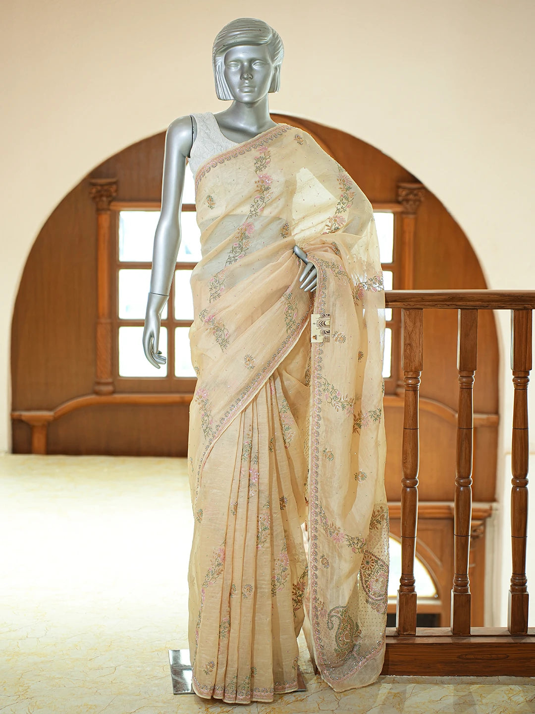 Ada Hand Embroidered Fawn Organza Lucknowi Chikankari Saree and Blouse With Cutdana Work 01A736164