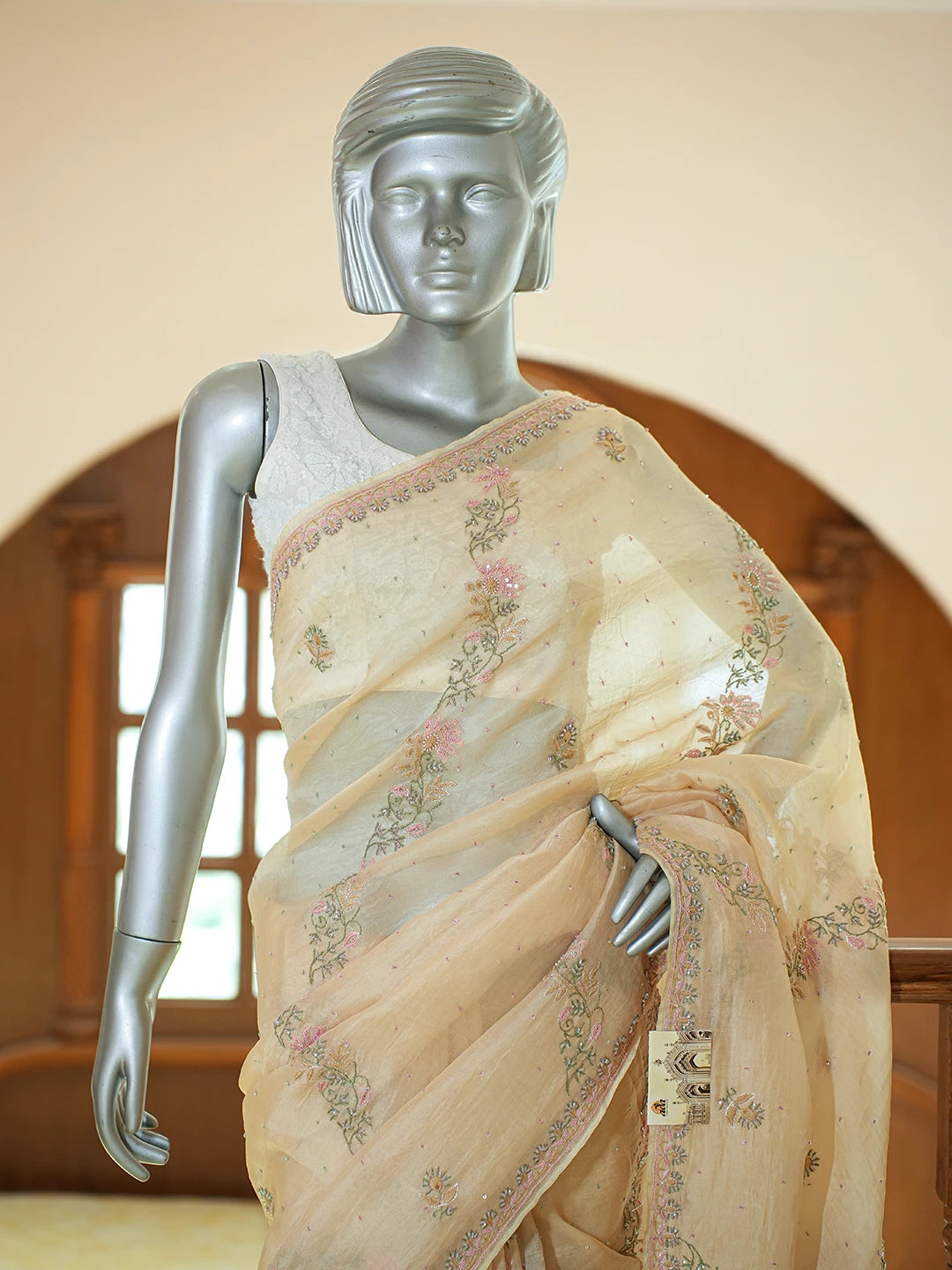Ada Hand Embroidered Fawn Organza Lucknowi Chikankari Saree and Blouse With Cutdana Work 01A736164