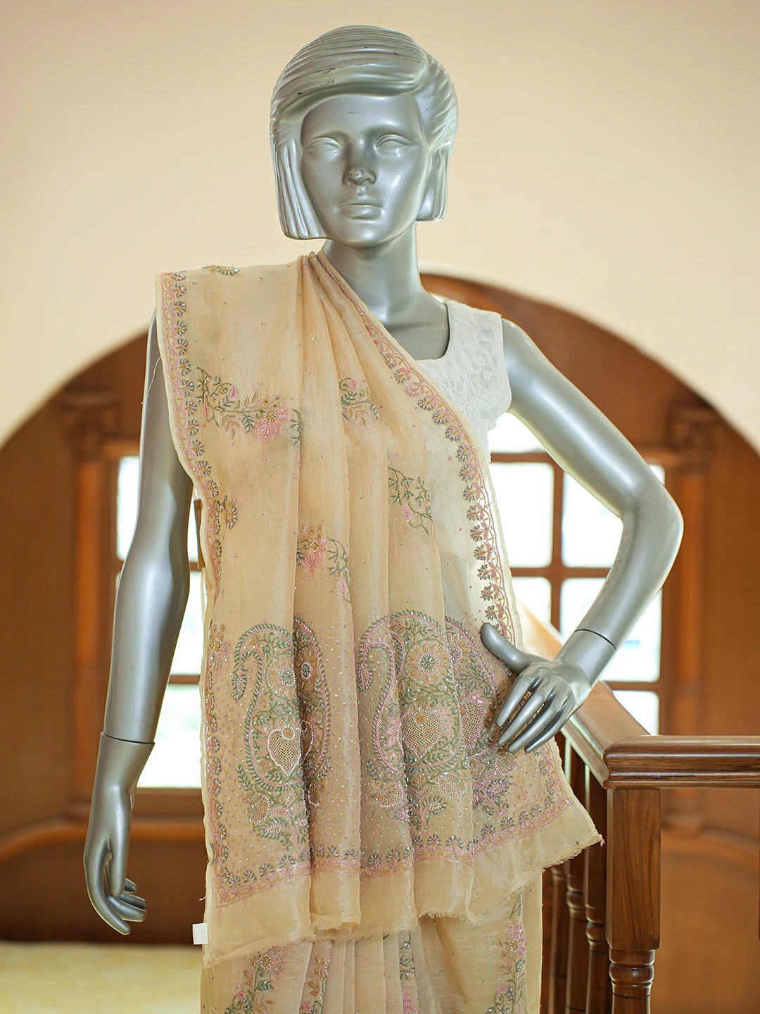 Ada Hand Embroidered Fawn Organza Lucknowi Chikankari Saree and Blouse With Cutdana Work 01A736164