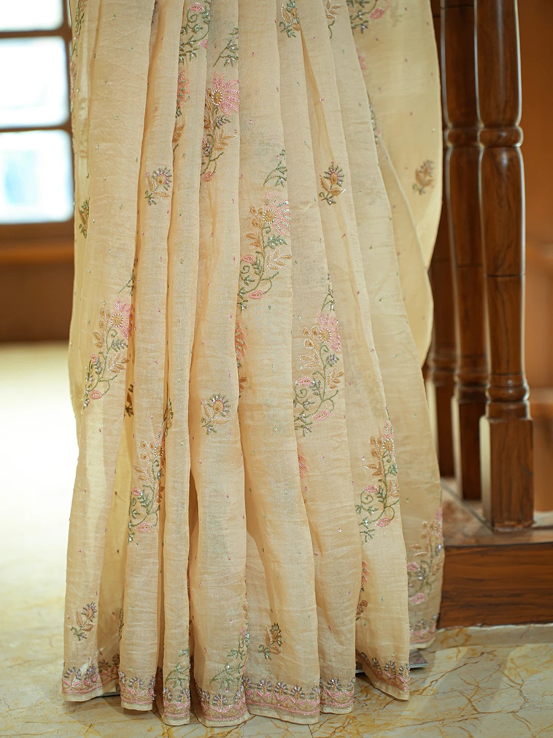 Ada Hand Embroidered Fawn Organza Lucknowi Chikankari Saree and Blouse With Cutdana Work 01A736164