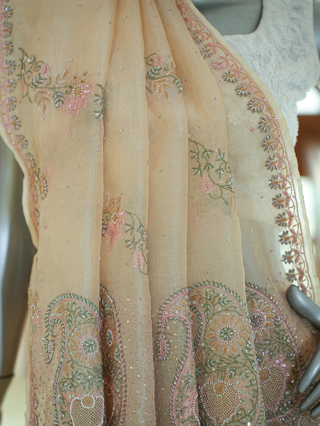 Ada Hand Embroidered Fawn Organza Lucknowi Chikankari Saree and Blouse With Cutdana Work 01A736164