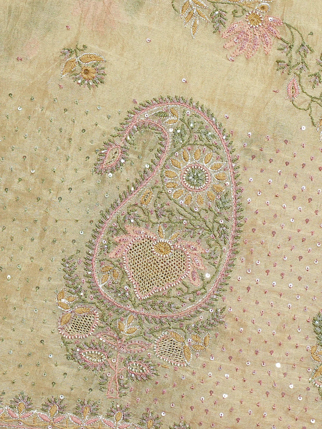 Ada Hand Embroidered Fawn Organza Lucknowi Chikankari Saree and Blouse With Cutdana Work 01A736164