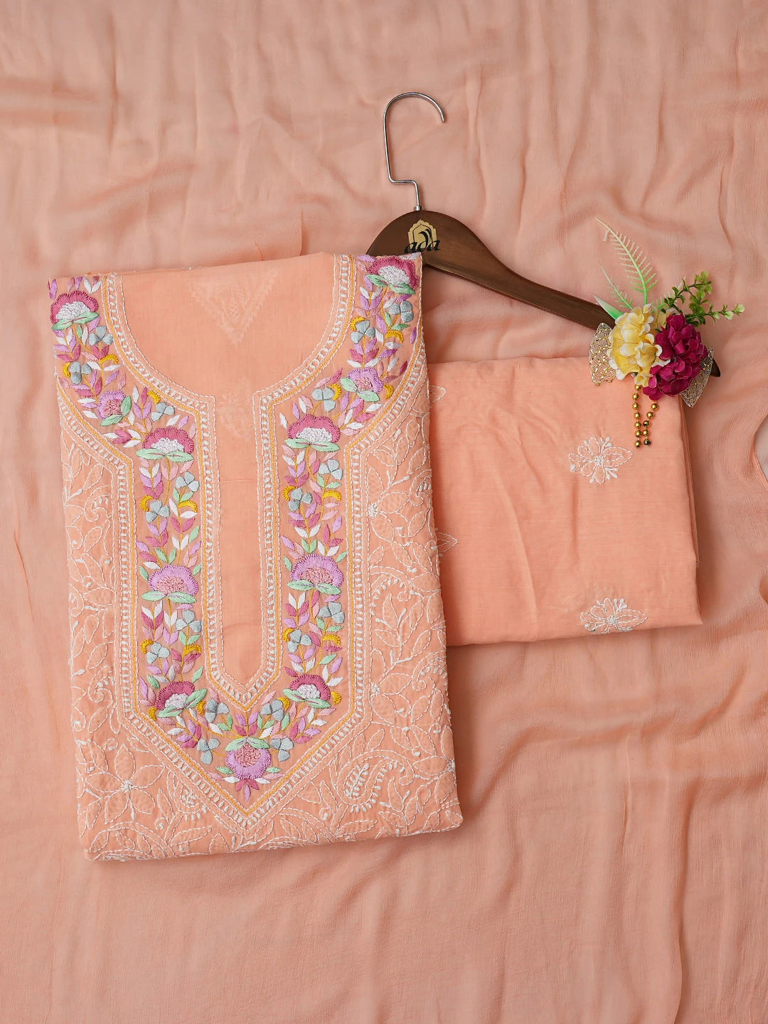 Ada Hand Embroidered Peach Cotton Lucknowi Chikankari Unstitched Suit Piece With Parsi Work 01A779672