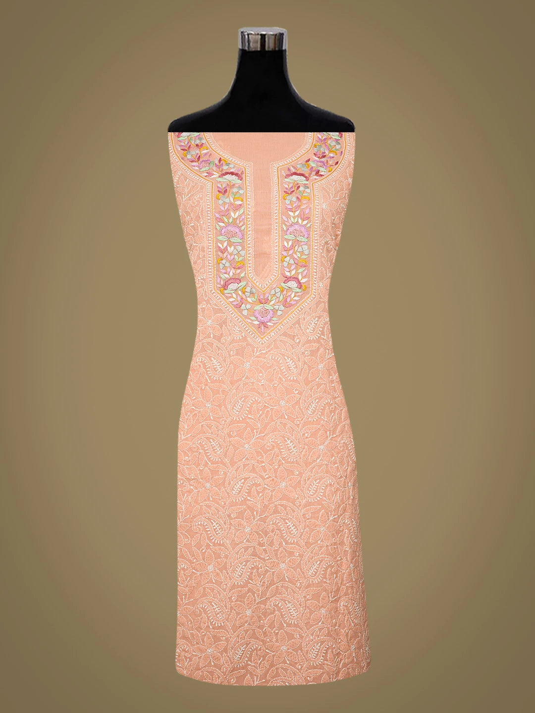 Ada Hand Embroidered Peach Cotton Lucknowi Chikankari Unstitched Suit Piece With Parsi Work 01A779672