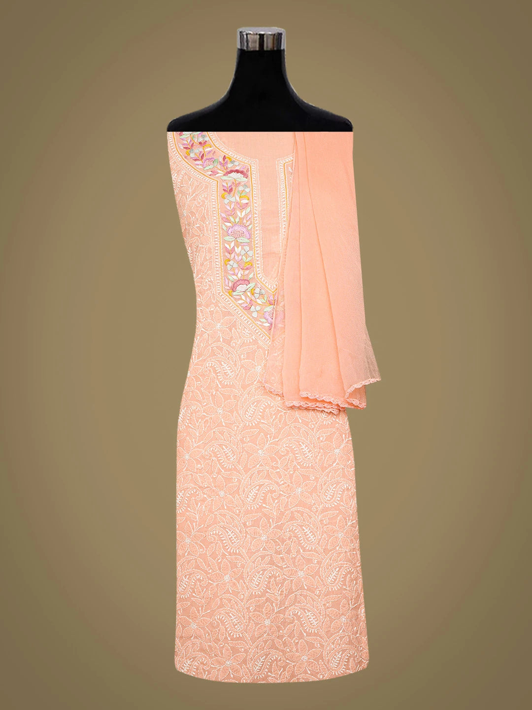 Ada Hand Embroidered Peach Cotton Lucknowi Chikankari Unstitched Suit Piece With Parsi Work 01A779672