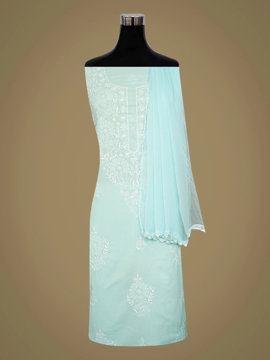 Ada Hand Embroidered Sky Blue Cotton Lucknowi Chikankari Unstitched Suit Piece 01A762947