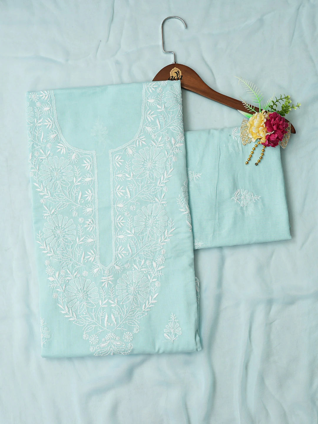 Ada Hand Embroidered Sky Blue Cotton Lucknowi Chikankari Unstitched Suit Piece 01A762947