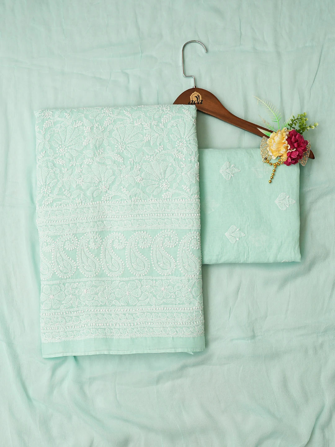 Ada Hand Embroidered Sea Green Cotton Lucknowi Chikankari Unstitched Suit Piece 01A779727