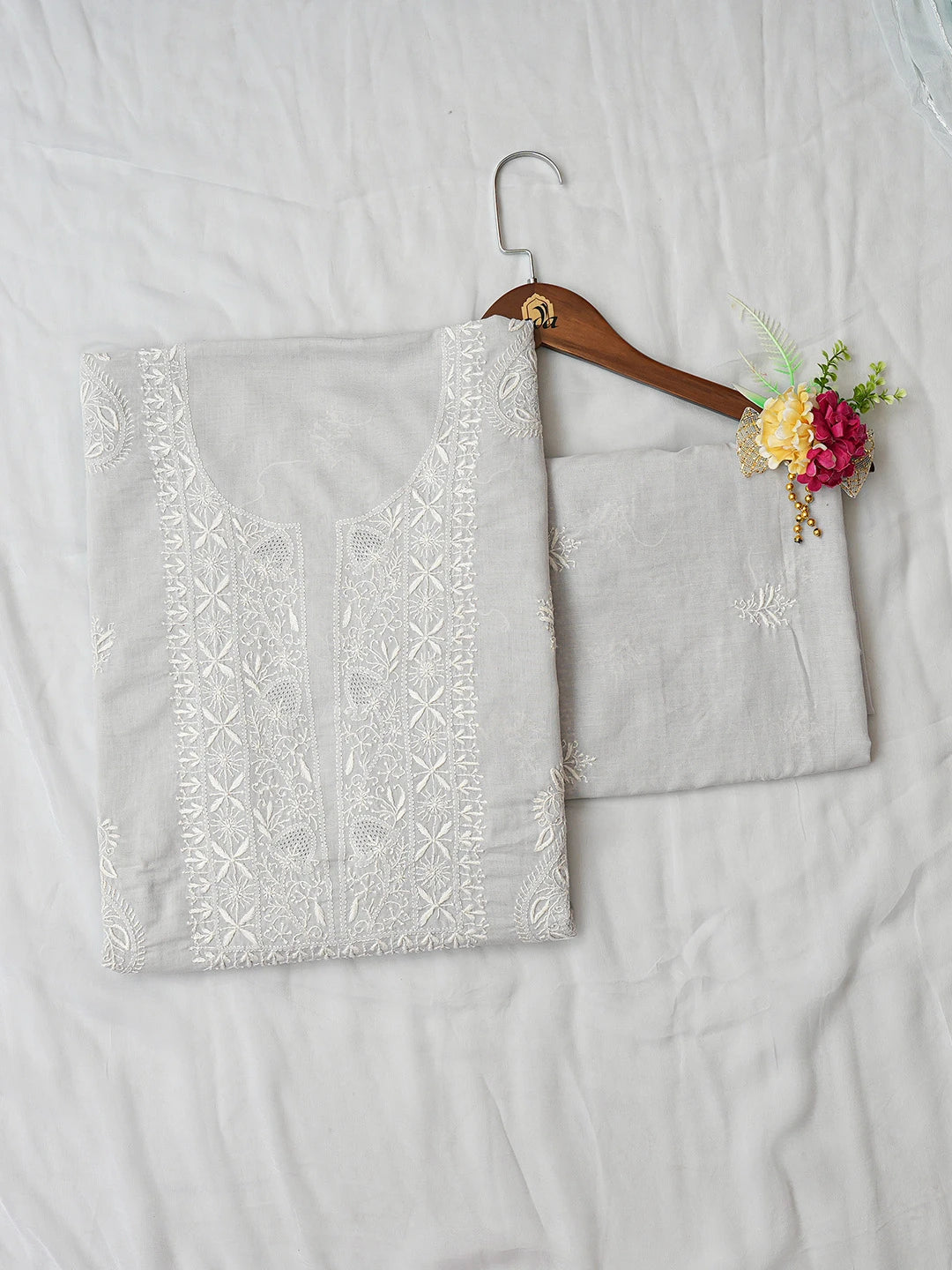 Ada Hand Embroidered Grey Cotton Lucknowi Chikankari Unstitched Suit Piece 01A773701