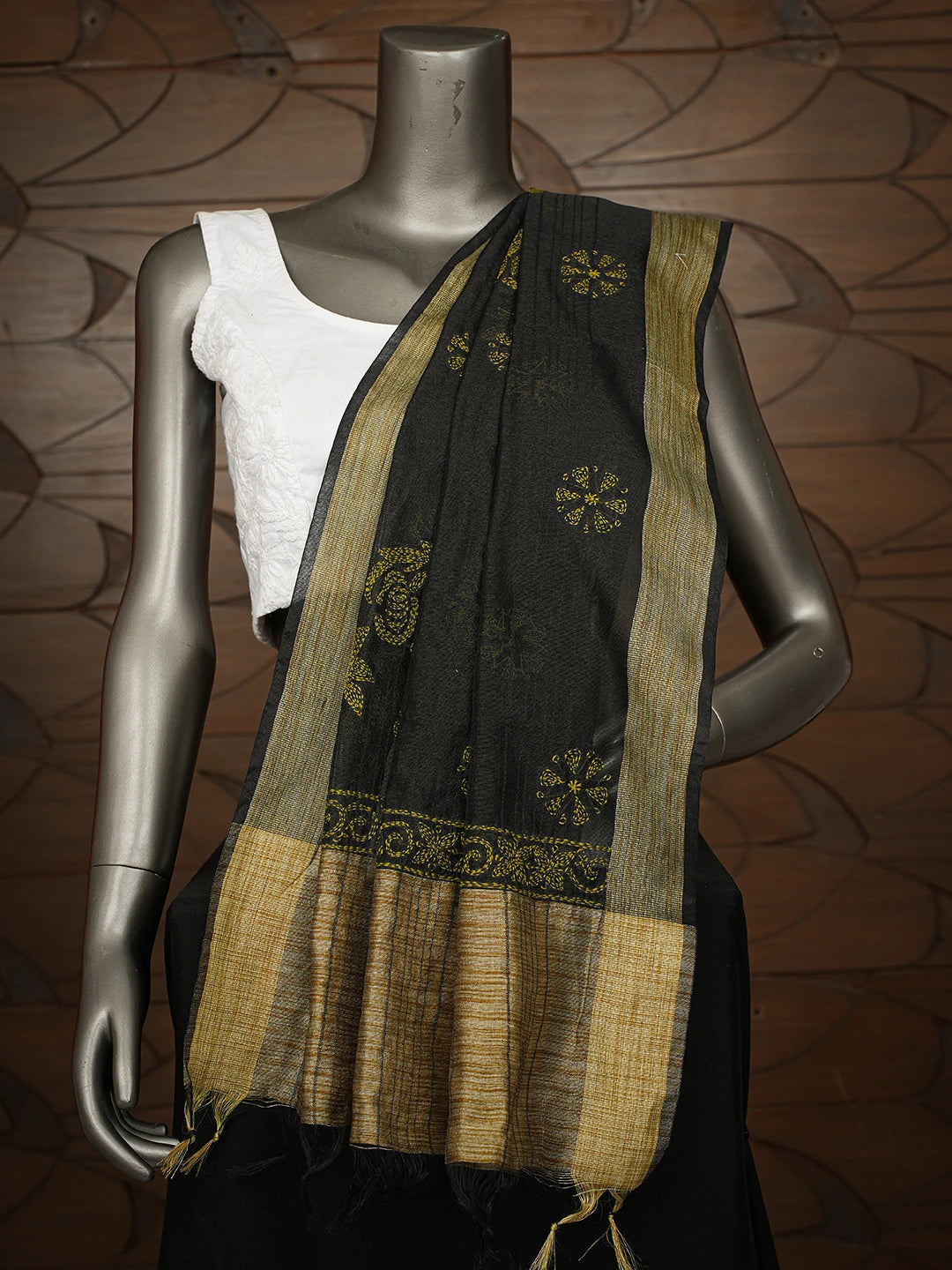Ada Hand Embroidered Black Chanderi Lucknowi Chikankari Dupatta 01A774297