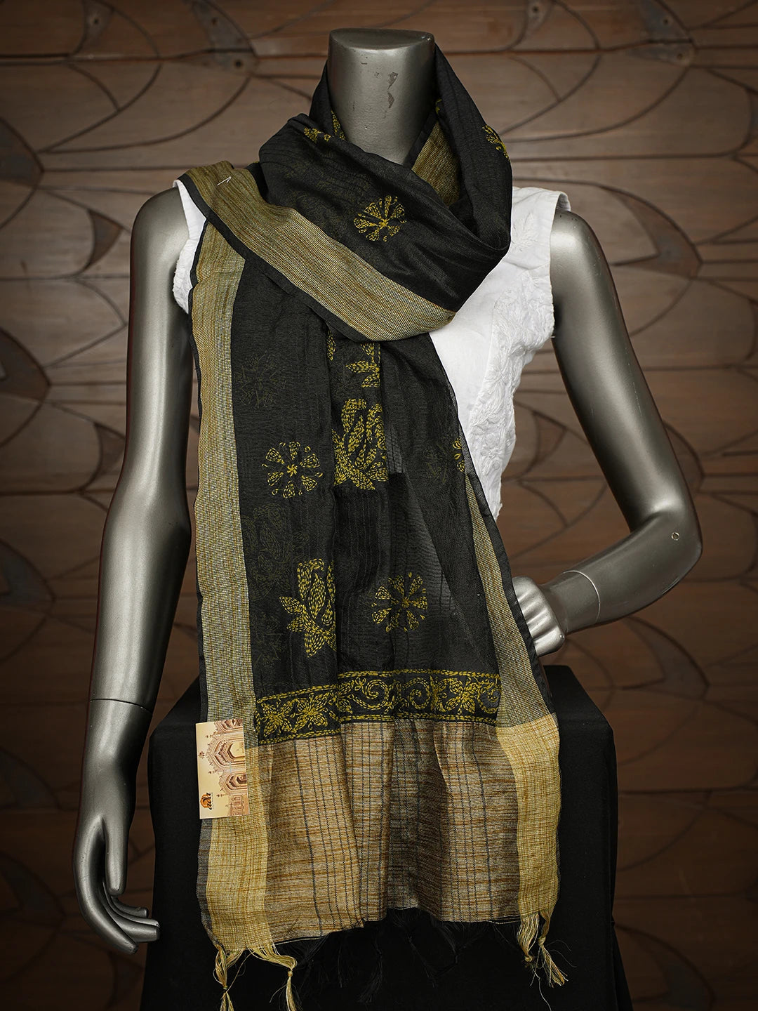 Ada Hand Embroidered Black Chanderi Lucknowi Chikankari Dupatta 01A774297