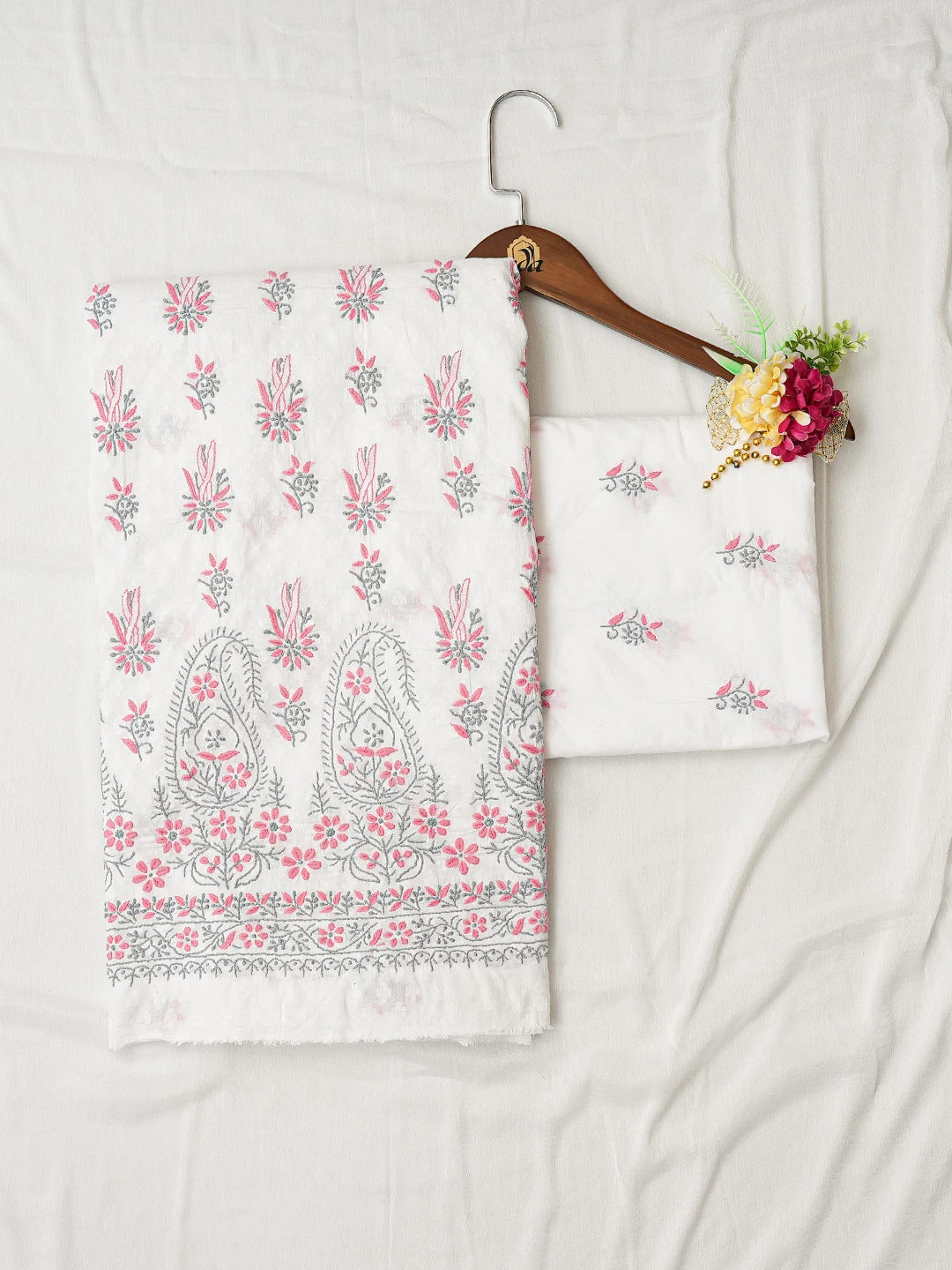 Ada Hand Embroidered White Cotton Lucknowi Chikankari Unstitched Suit Piece 01A765045