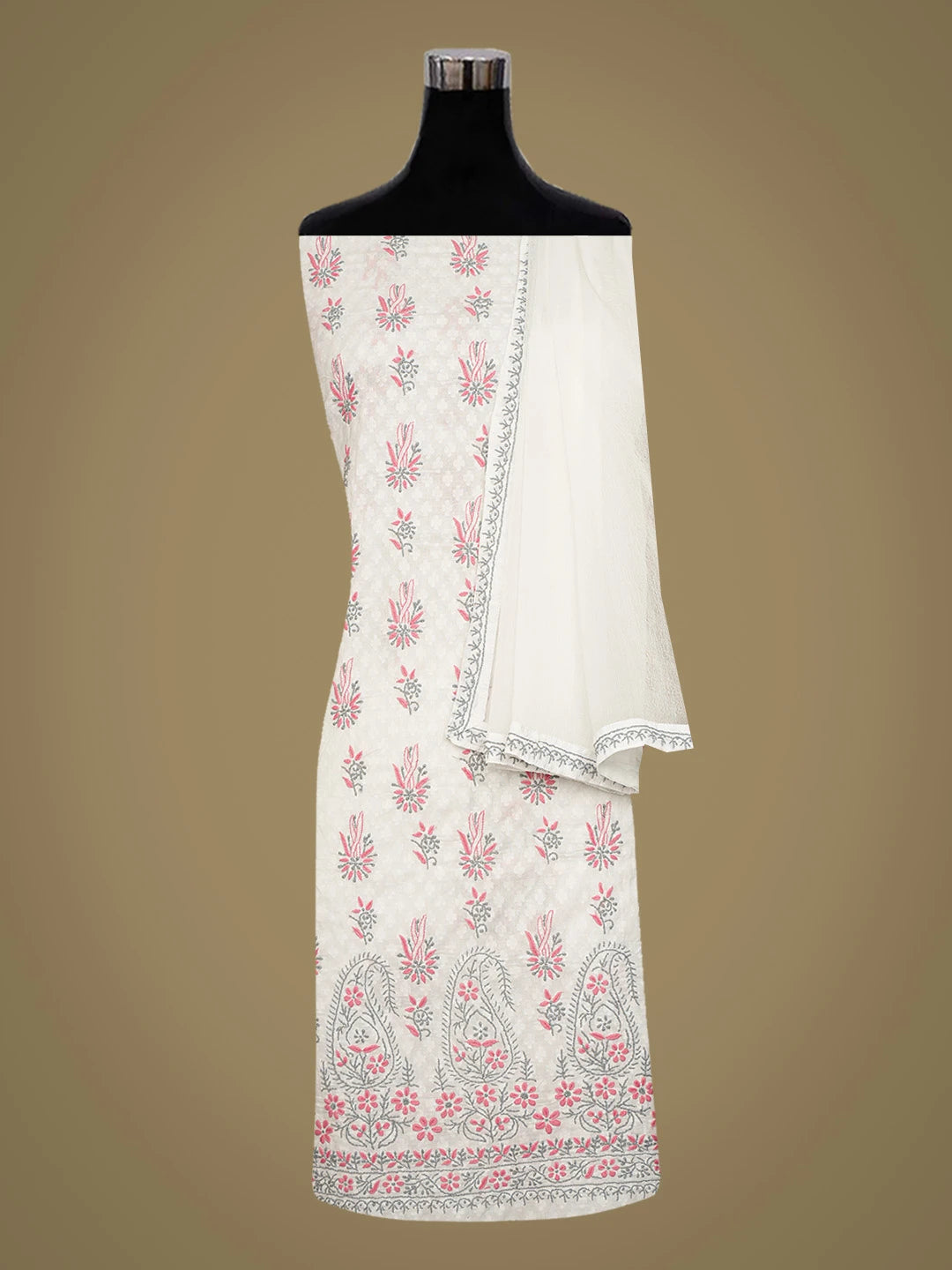 Ada Hand Embroidered White Cotton Lucknowi Chikankari Unstitched Suit Piece 01A765045
