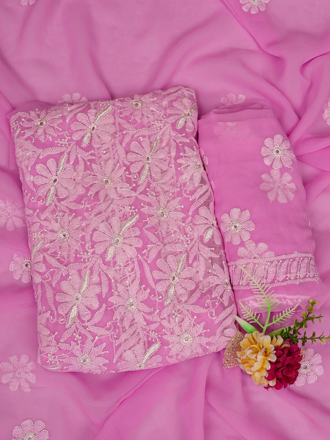 Ada Hand Embroidered Pink Georgette Lucknowi Chikankari Unstitched Suit Piece 01A780077
