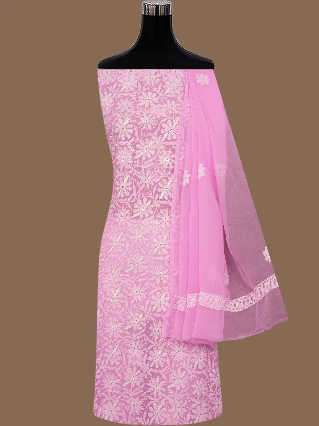 Ada Hand Embroidered Pink Georgette Lucknowi Chikankari Unstitched Suit Piece 01A780077