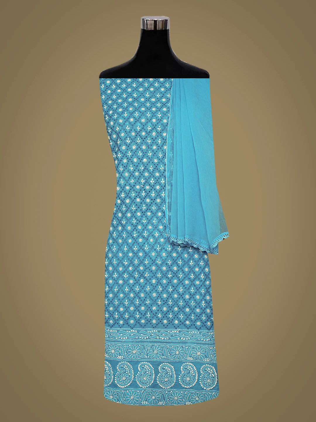Ada Hand Embroidered Blue Cotton Lucknowi Chikankari Unstitched Suit Piece 01A784898