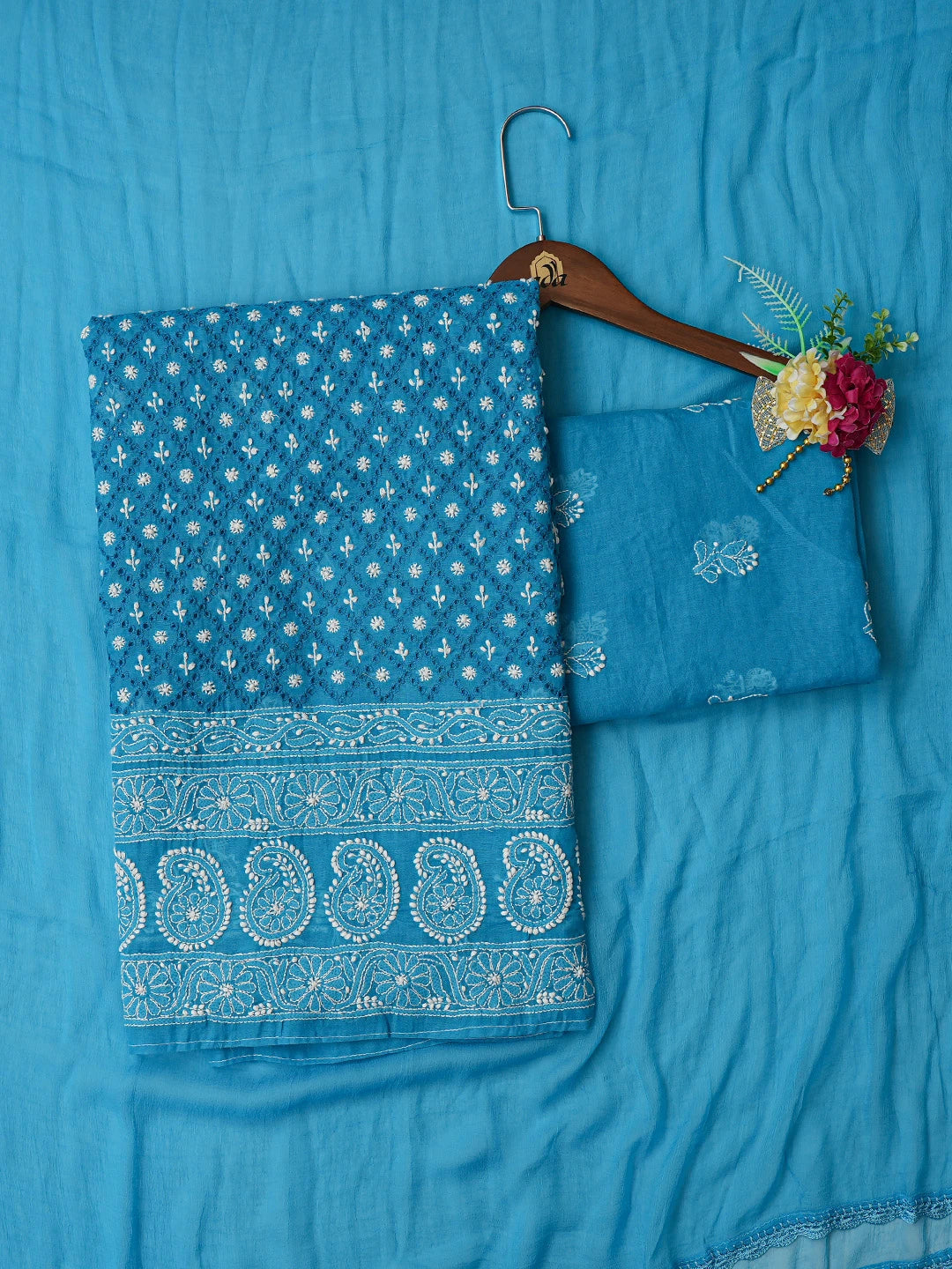 Ada Hand Embroidered Blue Cotton Lucknowi Chikankari Unstitched Suit Piece 01A784898