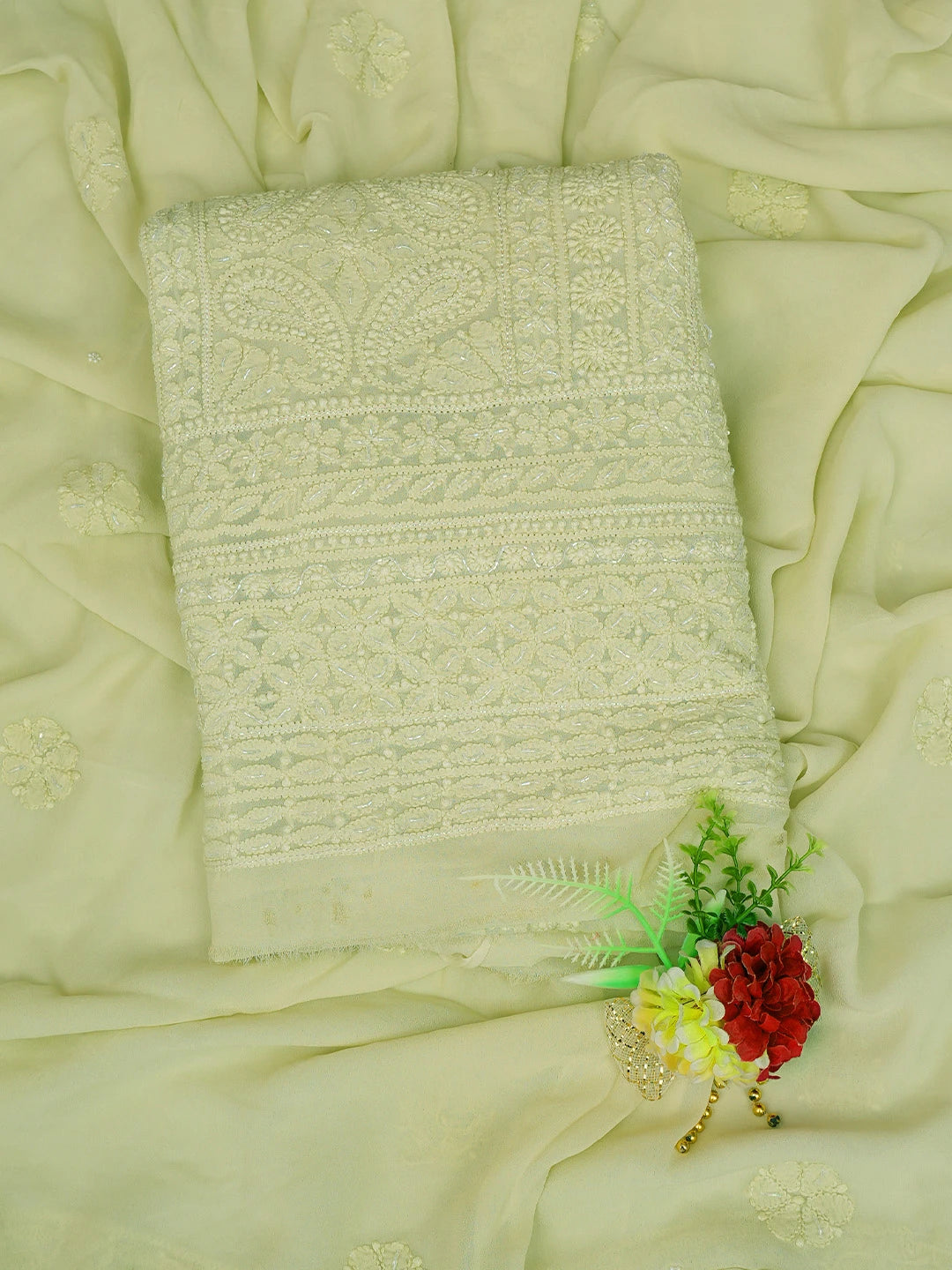Ada Hand Embroidered Light Pista Green Viscose Georgette Lucknowi Chikankari Unstitched Kurta Dupatta Set With Cutdana Work 01A724180