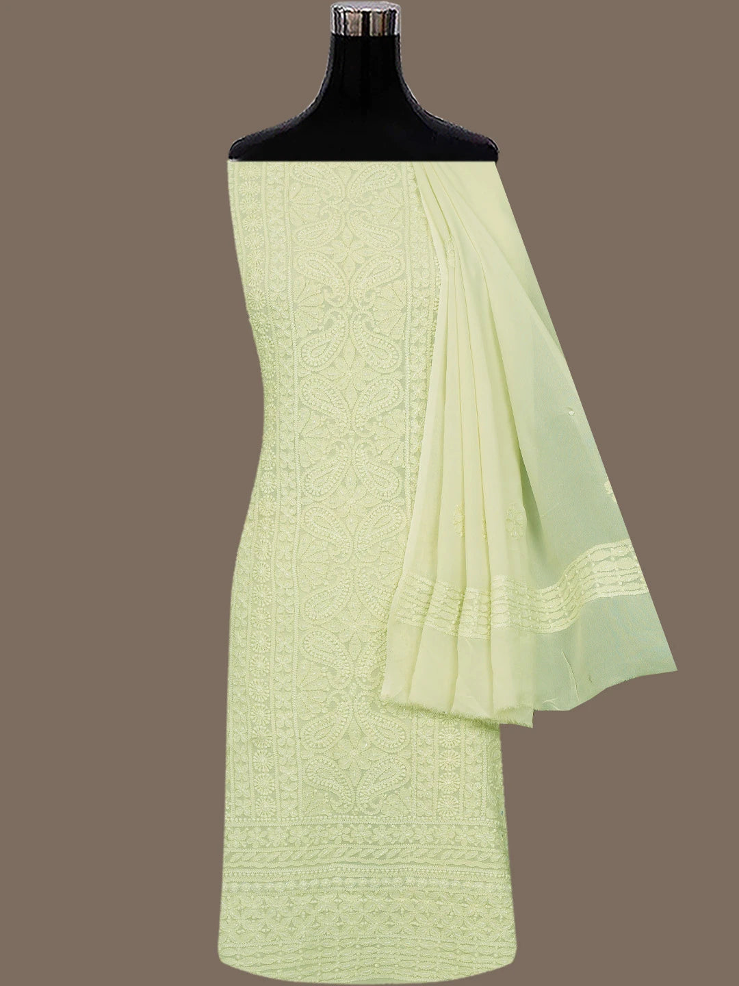 Ada Hand Embroidered Light Pista Green Viscose Georgette Lucknowi Chikankari Unstitched Kurta Dupatta Set With Cutdana Work 01A724180