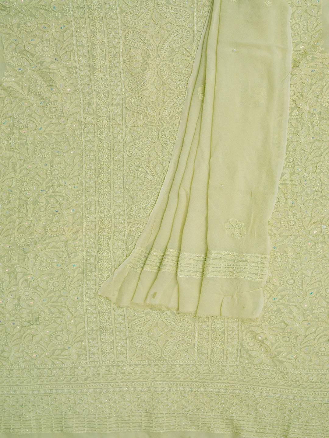 Ada Hand Embroidered Light Pista Green Viscose Georgette Lucknowi Chikankari Unstitched Kurta Dupatta Set With Cutdana Work 01A724180