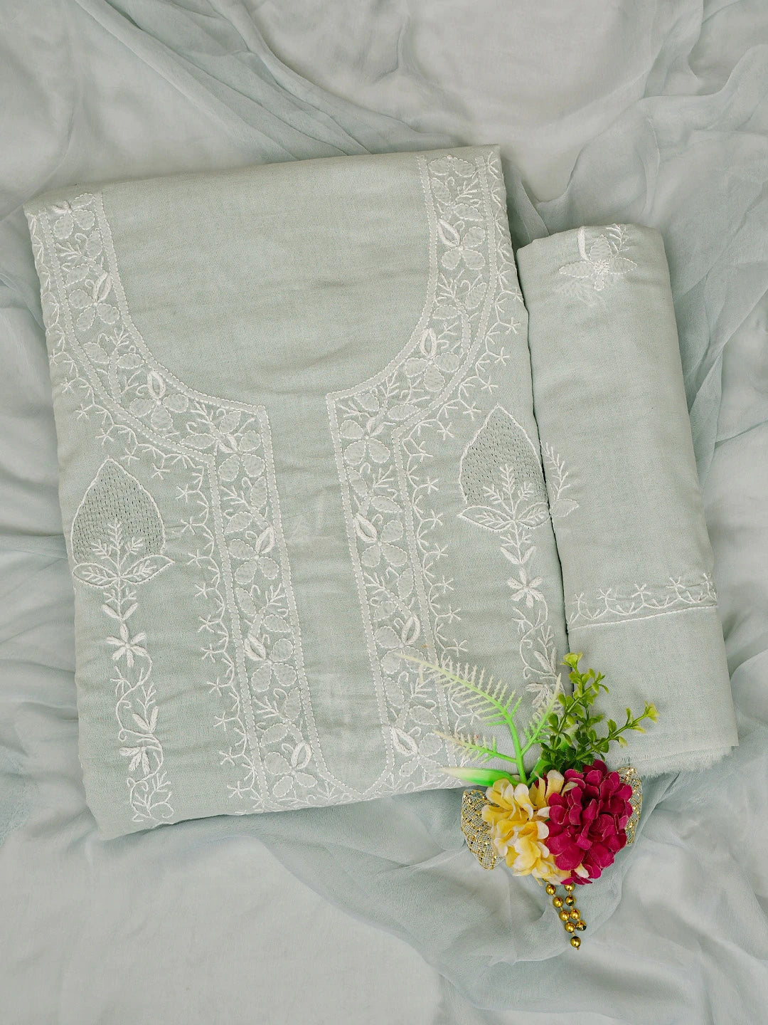 Ada Hand Embroidered Grey Cotton Lucknowi Chikankari Unstitched Suit Piece 01A773509