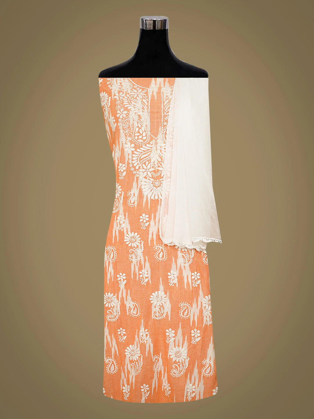 Ada Hand Embroidered Orange Cotton Lucknowi Chikankari Unstitched Suit Piece 01A388623