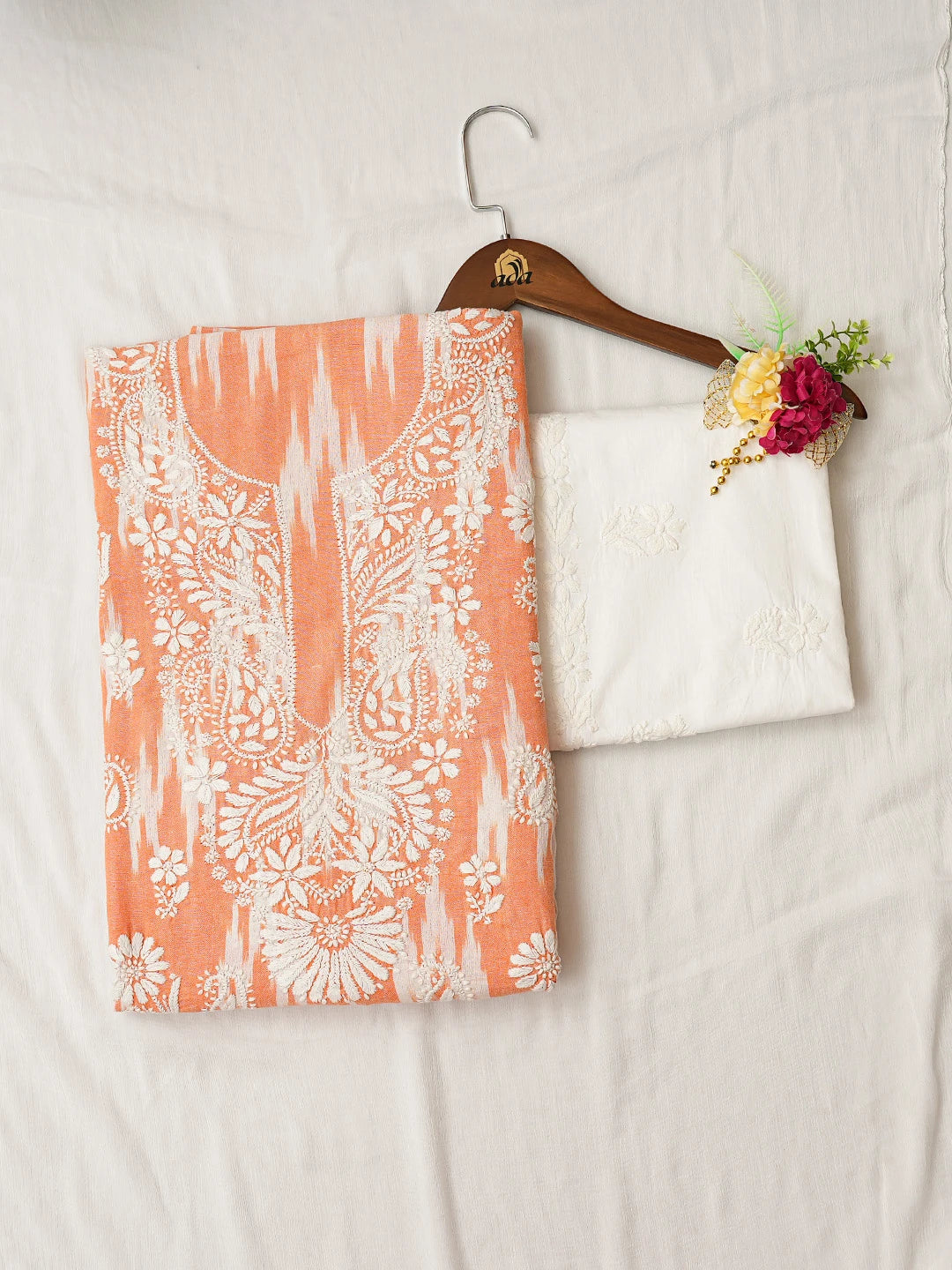Ada Hand Embroidered Orange Cotton Lucknowi Chikankari Unstitched Suit Piece 01A388623