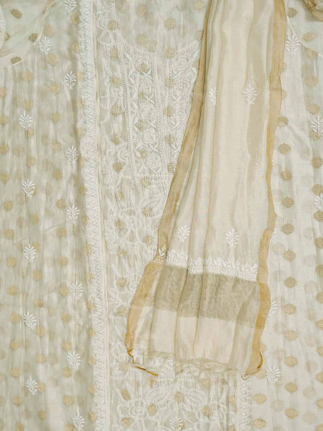 Ada Hand Embroidered White Chanderi Lucknowi Chikankari Semi-stitched Kurta Dupatta Set 01A789357