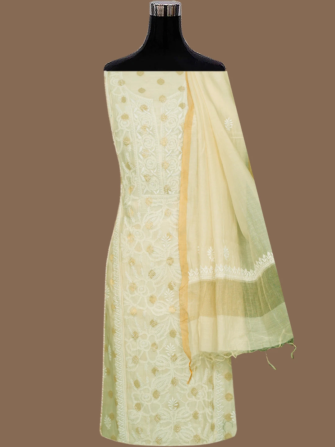 Ada Hand Embroidered White Chanderi Lucknowi Chikankari Semi-stitched Kurta Dupatta Set 01A789357