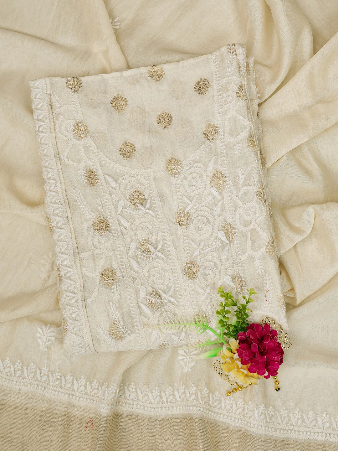 Ada Hand Embroidered White Chanderi Lucknowi Chikankari Semi-stitched Kurta Dupatta Set 01A789357