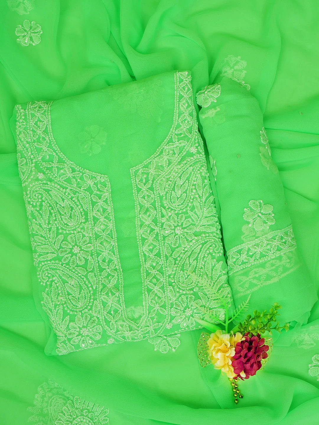 Ada Hand Embroidered Green Georgette Lucknowi Chikankari Unstitched Suit Piece With Sequinned Work 01A760890