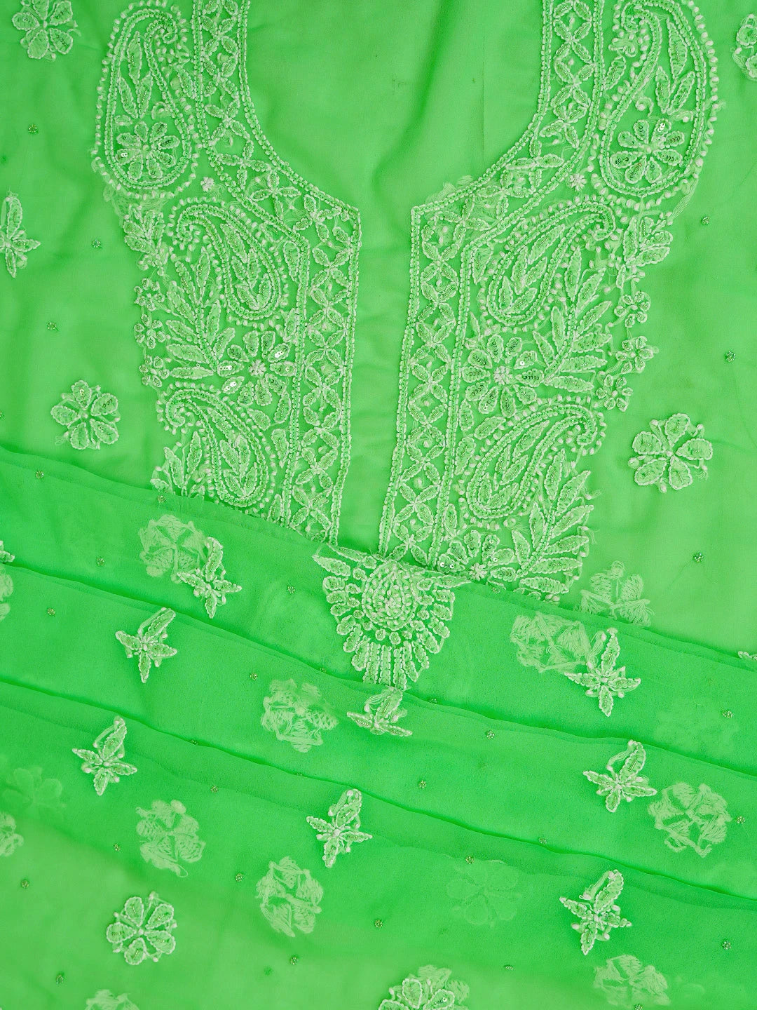 Ada Hand Embroidered Green Georgette Lucknowi Chikankari Unstitched Suit Piece With Sequinned Work 01A760890