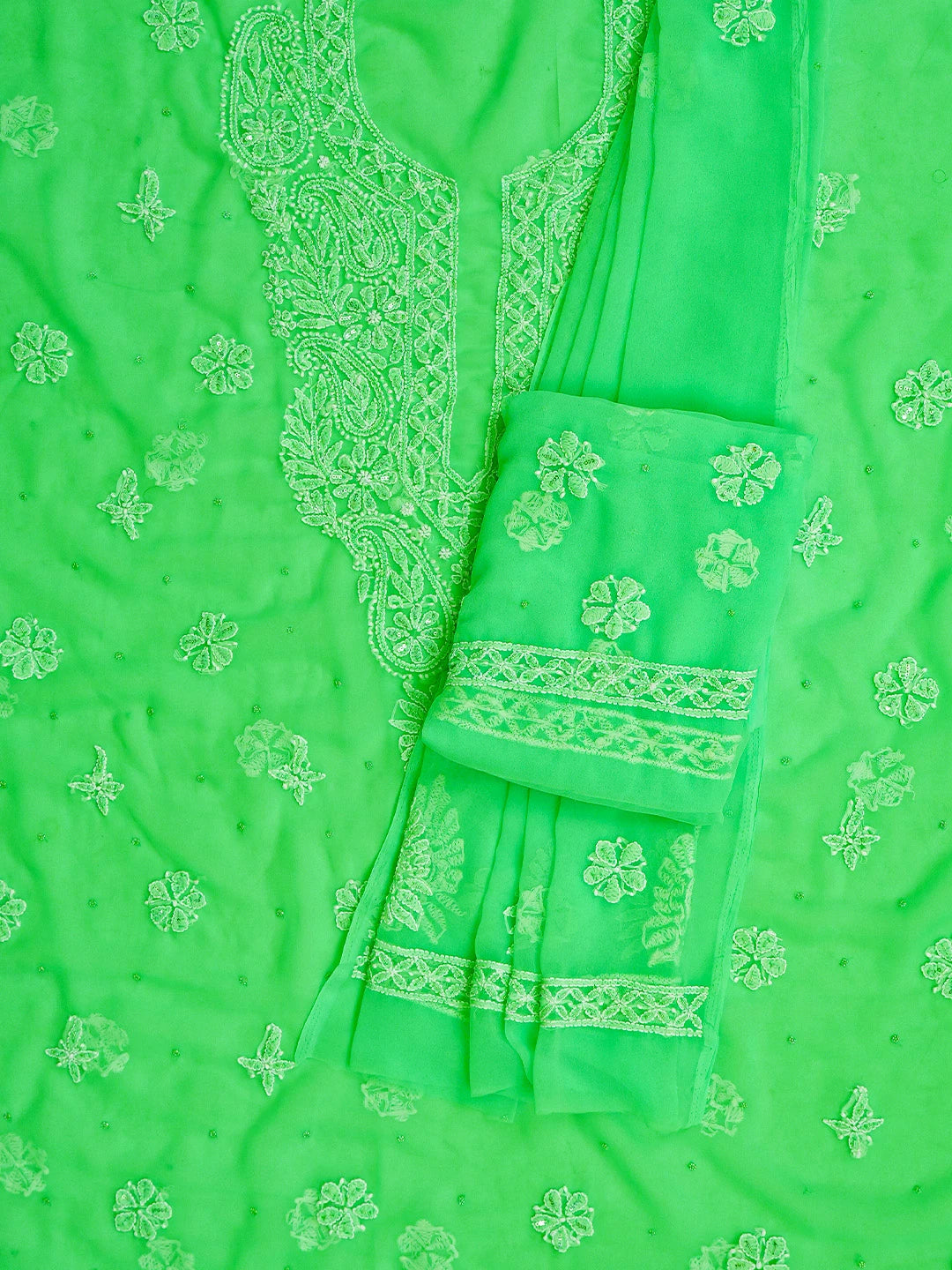 Ada Hand Embroidered Green Georgette Lucknowi Chikankari Unstitched Suit Piece With Sequinned Work 01A760890