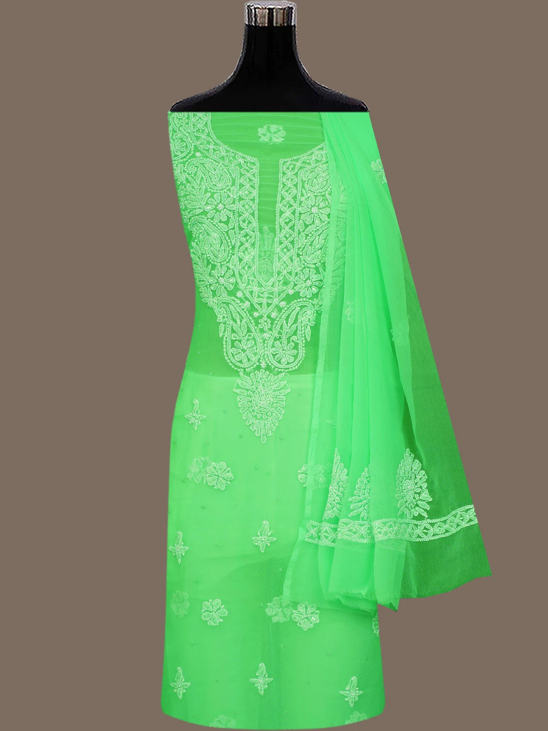 Ada Hand Embroidered Green Georgette Lucknowi Chikankari Unstitched Suit Piece With Sequinned Work 01A760890