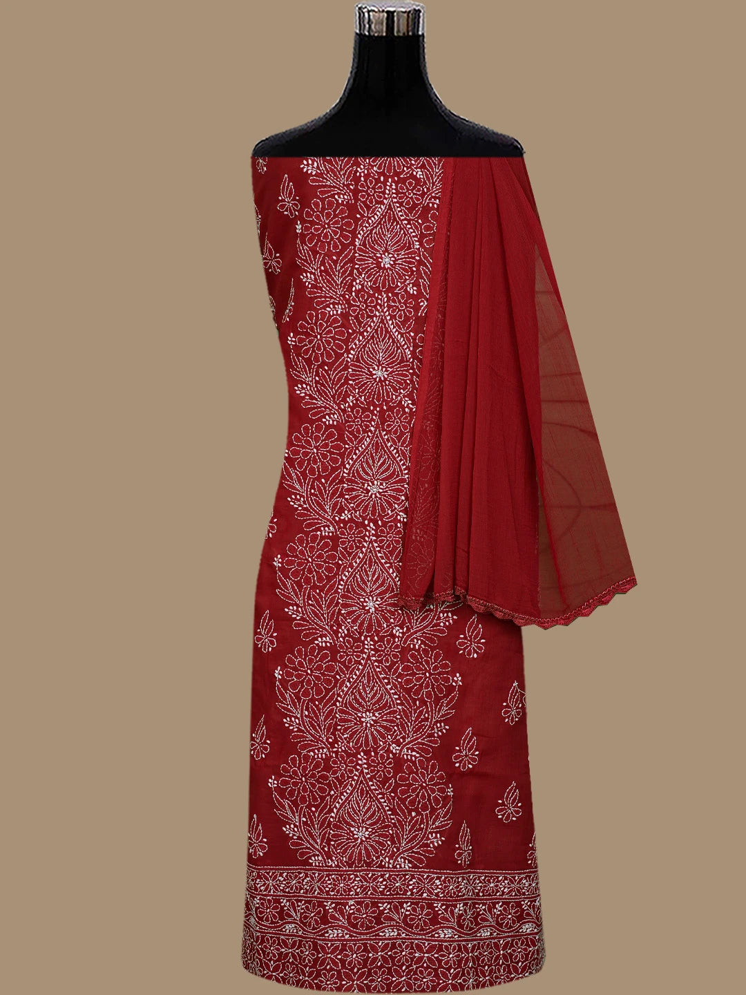Ada Hand Embroidered Maroon Cotton Lucknowi Chikankari Unstitched Suit Piece 01A787260