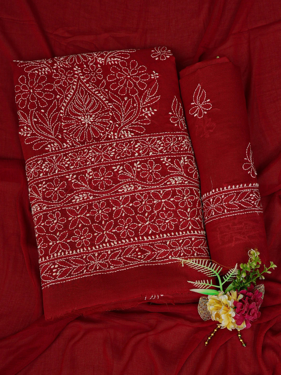 Ada Hand Embroidered Maroon Cotton Lucknowi Chikankari Unstitched Suit Piece 01A787260
