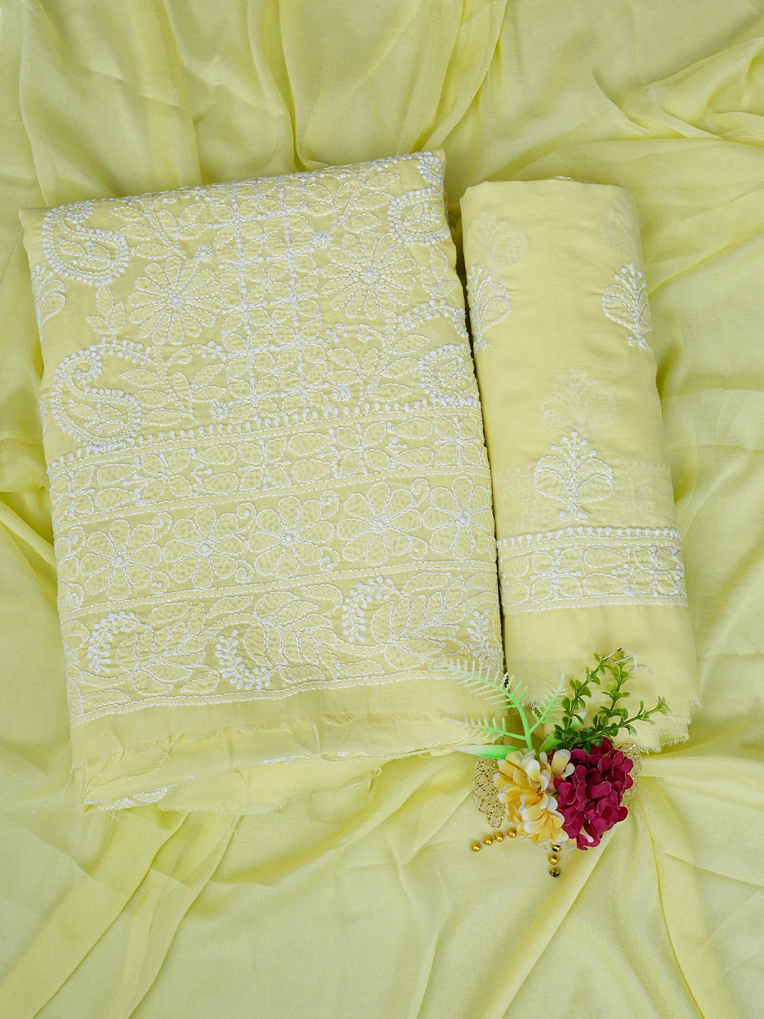 Ada Hand Embroidered Lemon Cotton Lucknowi Chikankari Unstitched Suit Piece 01A787257