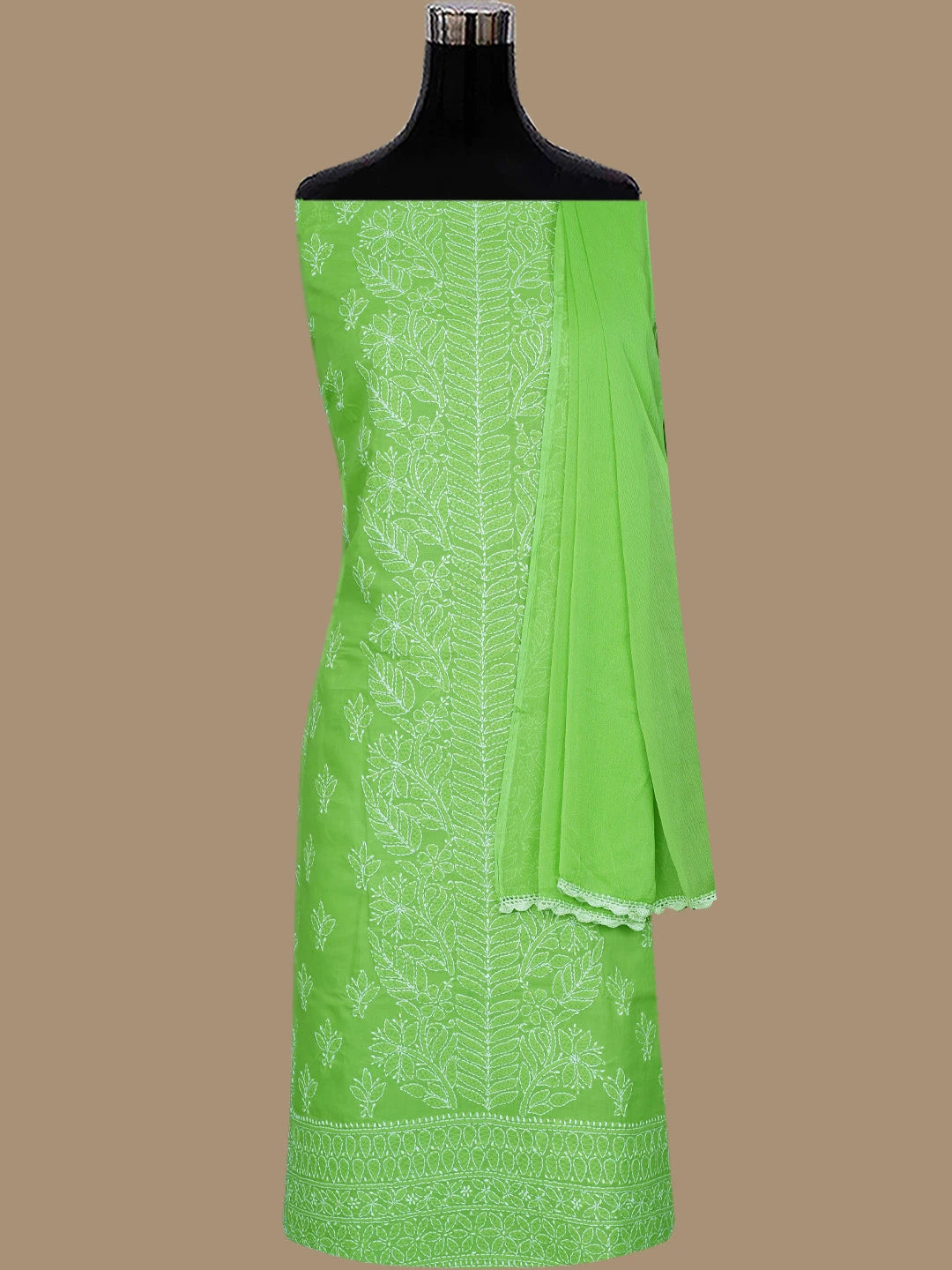 Ada Hand Embroidered Green Cotton Lucknowi Chikankari Unstitched Suit Piece 01A787190