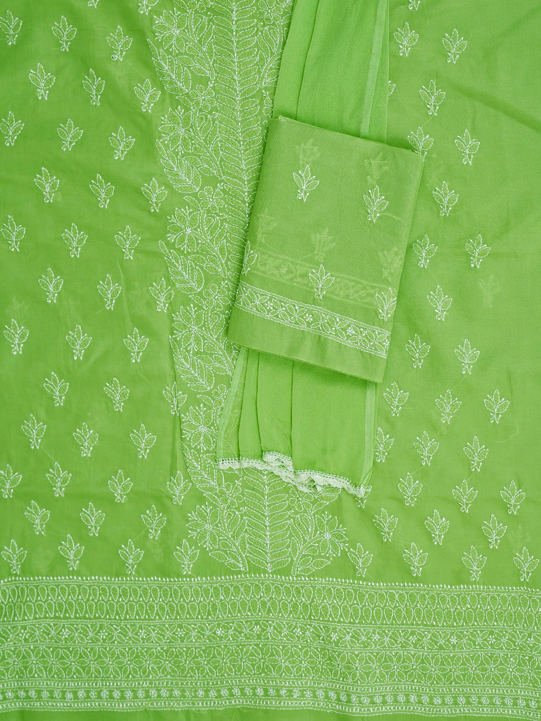 Ada Hand Embroidered Green Cotton Lucknowi Chikankari Unstitched Suit Piece 01A787190