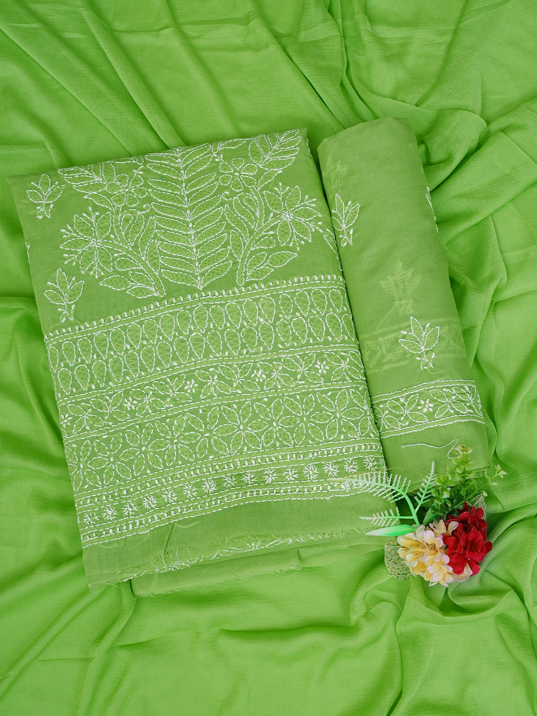 Ada Hand Embroidered Green Cotton Lucknowi Chikankari Unstitched Suit Piece 01A787190
