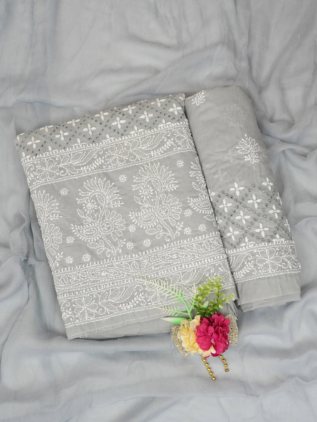 Ada Hand Embroidered Grey Cotton Lucknowi Chikankari Unstitched Suit Piece 01A784896