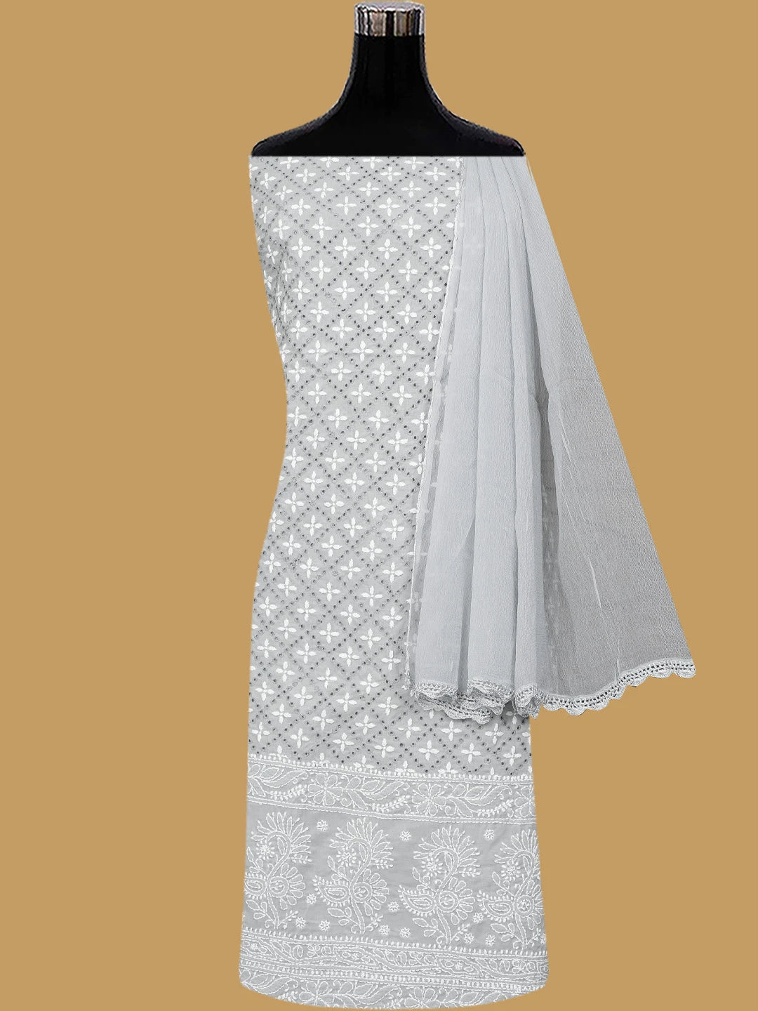 Ada Hand Embroidered Grey Cotton Lucknowi Chikankari Unstitched Suit Piece 01A784896