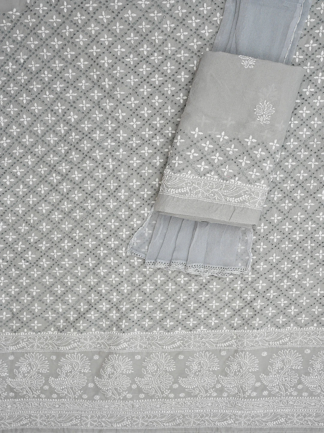 Ada Hand Embroidered Grey Cotton Lucknowi Chikankari Unstitched Suit Piece 01A784896