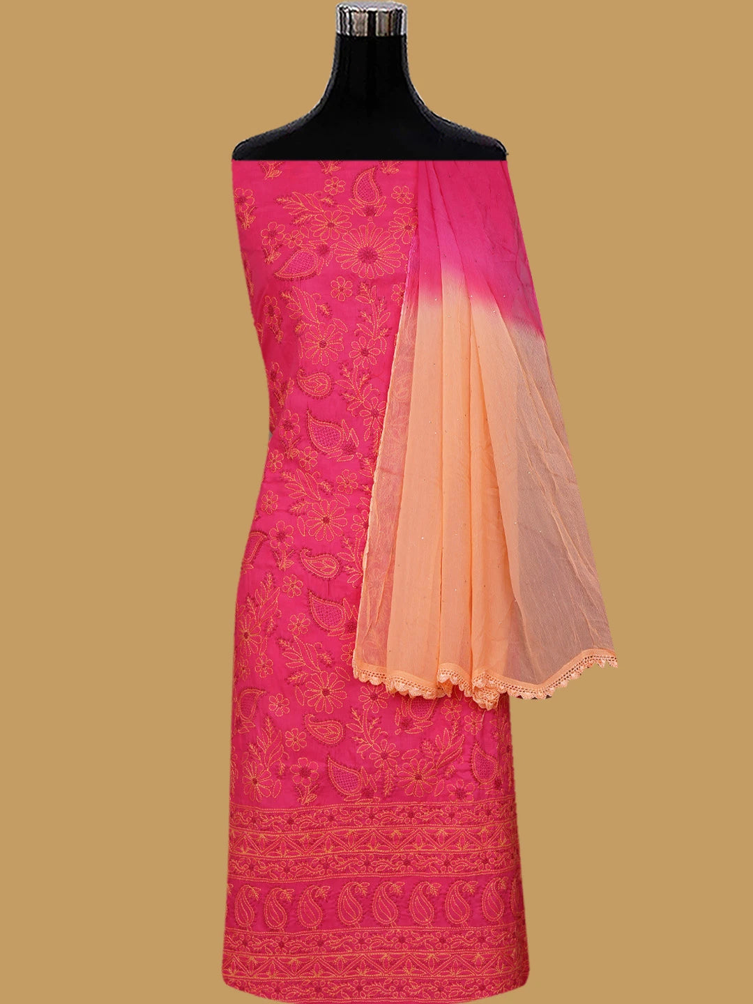 Ada Hand Embroidered Magenta Cotton Lucknowi Chikankari Unstitched Suit Piece 01A736053