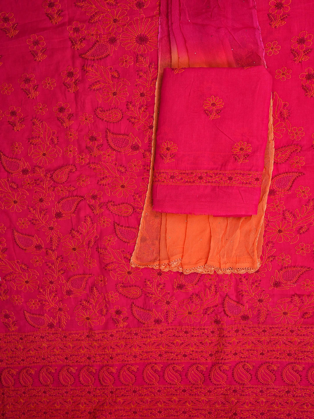 Ada Hand Embroidered Magenta Cotton Lucknowi Chikankari Unstitched Suit Piece 01A736053